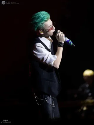 小鬼王琳凯个性非主流绿色发型专注演唱时舞台照片图集